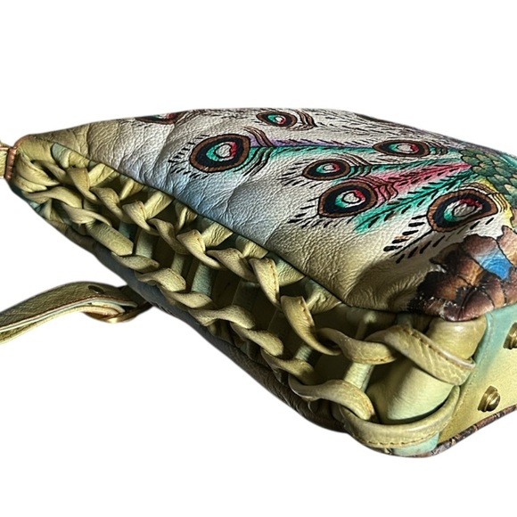 Magnifique Hand Painted Peacock Leather Crossbody Bag with Side Braid Accent - Picture 6 of 13